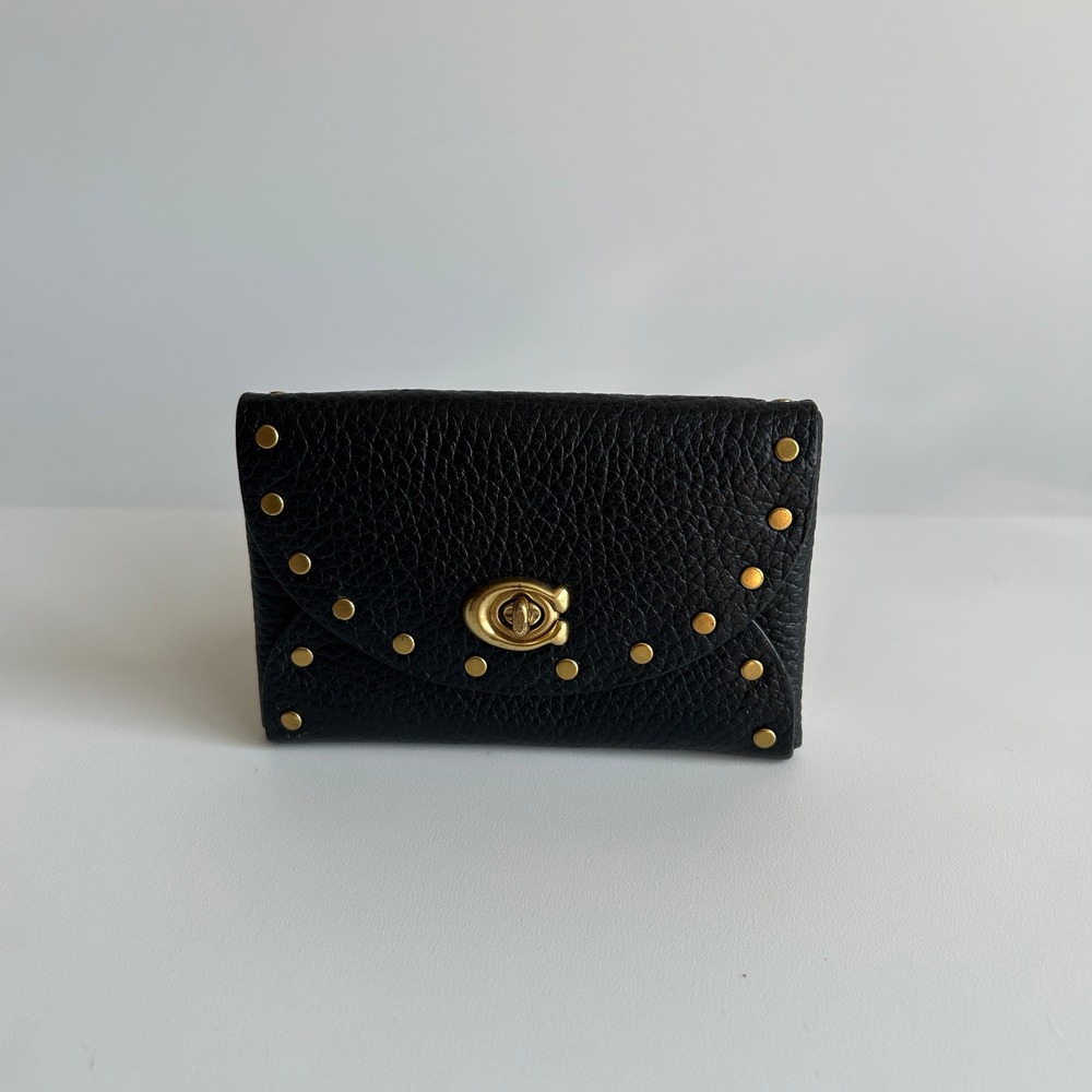 Coach Slim Card Case Black Pebbled Leather Turnlock Wallet 89707G